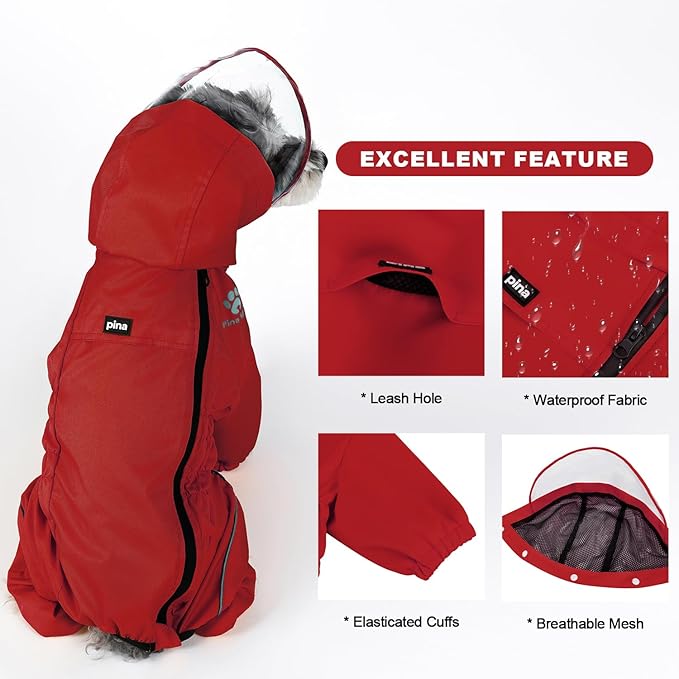 PINA Raincoat for Dogs - Waterproof Jacket With Hood, Lightweight Coat With Leash Hole, Poncho With Reflective Strap and Pocket for Wet Weather, Full Wrap Design for Full Protection