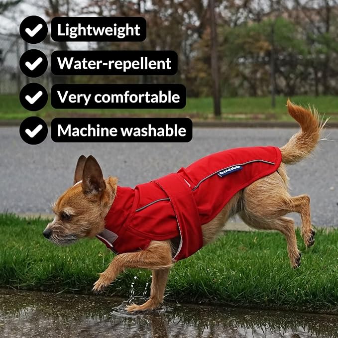 DJANGO Dog Jacket & Raincoat – Lightweight Water-Resistant Coat for Small, Medium & Long Dogs Like Dachshunds – Reflective, Adjustable Fit, Harness-Compatible & Easy-Access Harness Hole - Red, Small