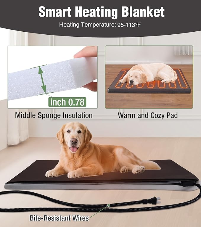 Extra Large Heated Dog House, Outdoor Dog House Insulated for Winter with Heating Pad, Weatherproof Wooden Dog Kennel with Porch, Sturdy Iron Frame & Openable Roof for Easy Cleaning (41.6" L)