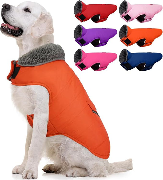 MIGOHI Warm Dog Coat - Winter Dog Jacket, Reflective Windproof Fleece Vest with Leash Hole and Furry Collar, Orange,3XL