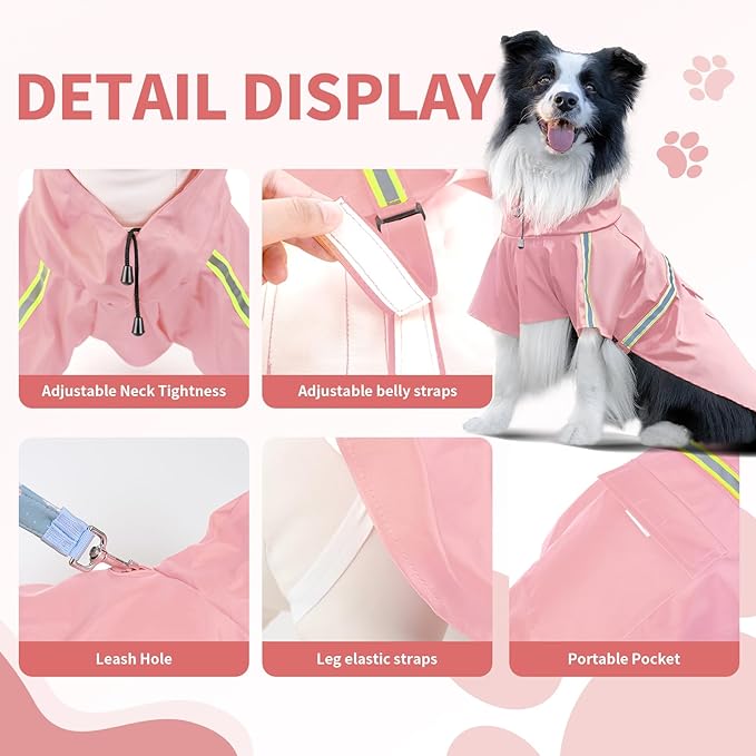 Dog Raincoat, Waterproof Windproof Dog Rain Jacket Adjustable, Rain Coat with Leash Hole, Reflective Strap Raincoat Poncho for Small Medium Large Dogs Outdoor (Reflection-Pink, Medium)