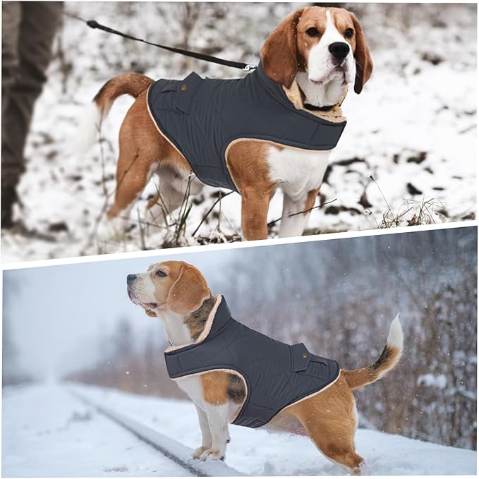 ASENKU Warm Dog Winter Coat, Waterproof Dog Coat for Cold Weather, Fleece Dogs Jacket with Ultra Thick Plush Lining Leash Hole Storage Pockets for Medium Large Dogs (Navy Blue, Large)