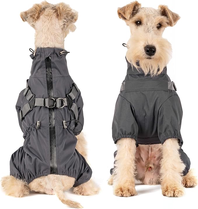 Mile High Life Waterproof Dog Raincoat, Full Coverage Small Dog Rain Coat with Harness, Adjustable 4 Legs Puppy Rain Jacket with Reflective Strip and Elastic Cuffs (Gray, S Back Length 13")