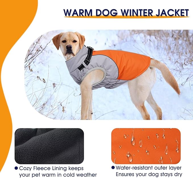 Dog Coats for Large Dogs,Winter Waterproof Jacket with Collar Built in,XXL Dog Coat for Cold Weather Warm Snow Jacket with Thermal Fleece Lining,Reflective Pet Snowsuit Large,Orange,2XL