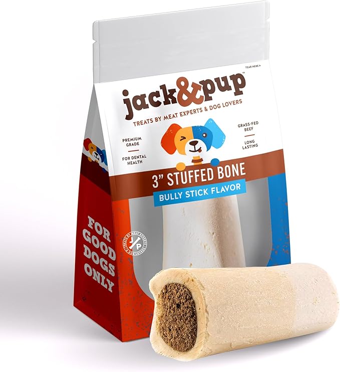 Jack&Pup 3-4" Filled Dog Bones for Small and Large Dogs, Flavored Dog Bone Long Lasting, Stuffed Shin Bones for Dogs, High Protein, Bully Stick Flavor - 1 Pack