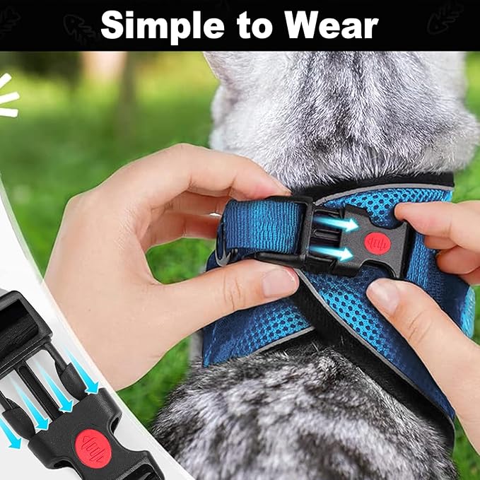 Cat Harness and Leash for Walking, Retractable Cat Harnesses and Leash Set Escape Proof, Breathable Soft Kitten Small Large Harness for Travel Training and Walking, Blue, M