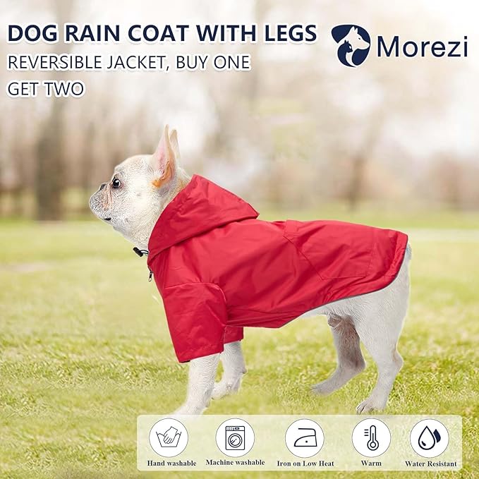 Dog Raincoat Dogs Waterproof Reversible rain Jacket Dog Small Medium Breeds Reflective Zipper Storage Pocket Harness Hole - Red - XXL