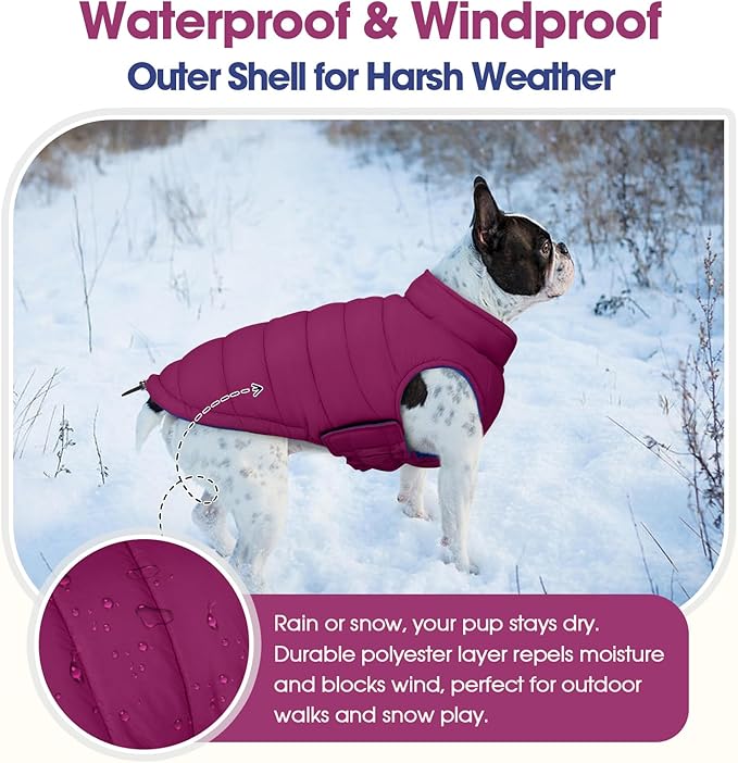 QBLEEV Reversible Dog Coat for Large Dogs, Waterproof Windproof Winter Jacket Keeps Big Breeds Warm & Dry, Adjustable Hook & Loop Puffer Vest, Purple, 3XL – Fits Labrador, Weimaraner, Great Dane