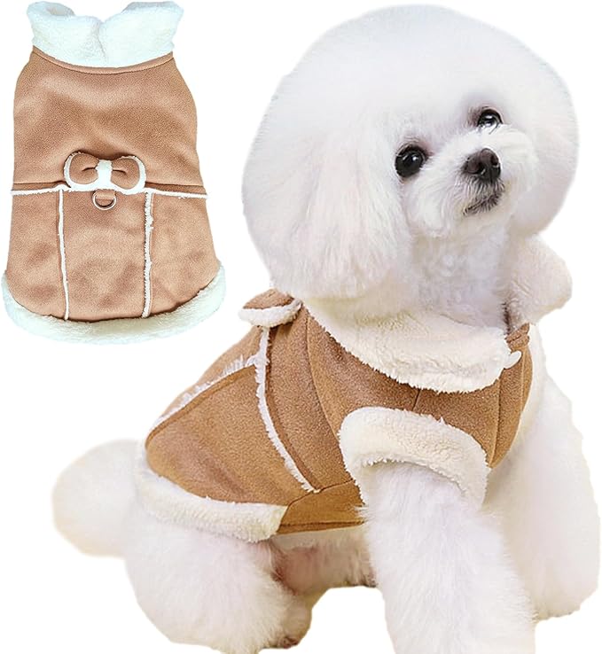 Jecikelon Bowtie Dog Cold Weather Coat Fleece Lining Warm Pet Puppy Turtleneck Dogs Winter Clothes for Small Dogs with D-Ring (Khaki, X-Large)