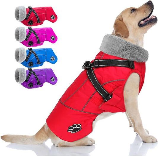Doglay Dog Jacket Waterproof Dog Coat with Harness Built in, Christmas Puppy Winter Coat Reflective Turtleneck Puffer Snow Jackets for Small Medium Large Dogs
