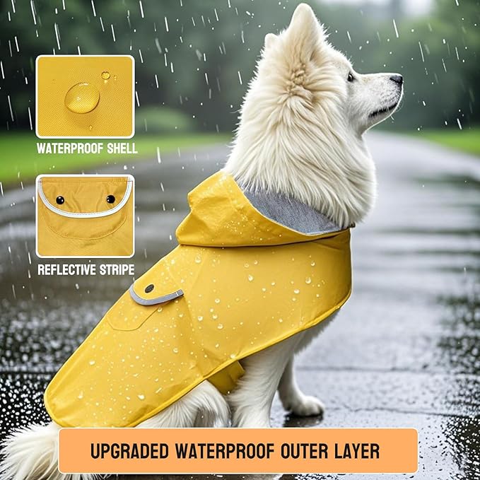 Dog Raincoat Dogs Rain Jacket Reflective Poncho Rainwear Waterproof Pet Clothes Warm Lined Pocket Hooded Leash Hole Adjustable Medium Dogs,Yellow,XXXL,Back Length 20.0 Inch