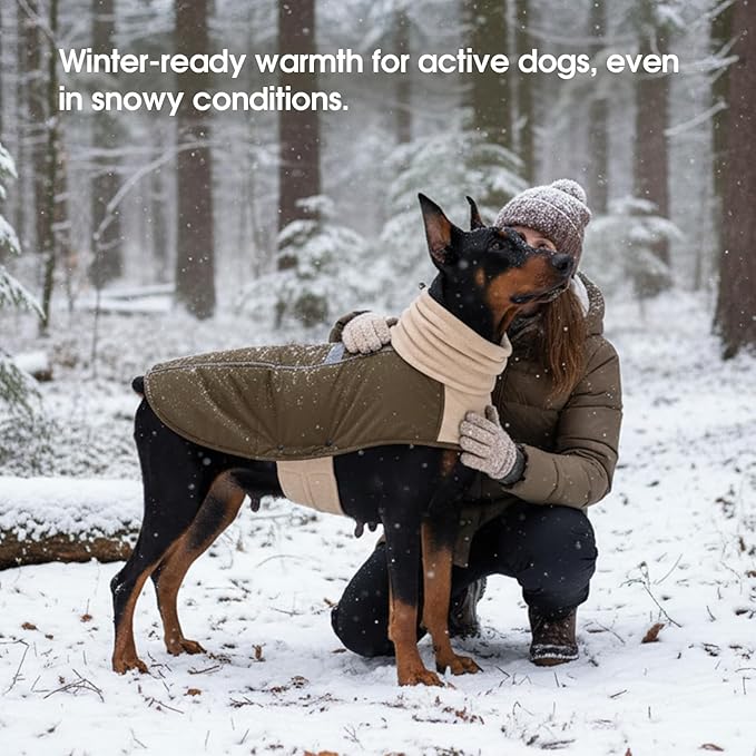 ASENKU Dog Coat, Dog Winter Jackets with Fleece Turtleneck, Windproof, Reflective Pet Snow Jacket for Cold Weather, Coats for Large Size Dogs Army Green, XXL