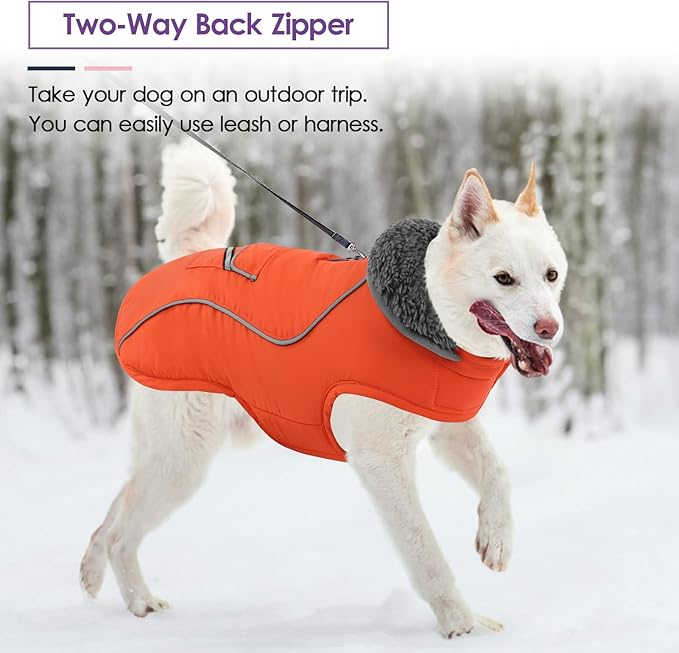 SUNFURA Large Dog Coat, Warm Dog Winter Coat Jacket with Thick Furry Collar, Adjustable Pet Fleece Jacket Turtleneck Snowsuit for Large Dogs for Chilly Day, Orange XL