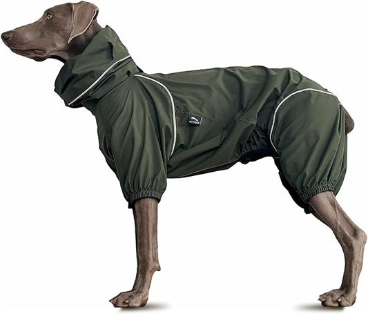 Dog Lightweight Windbreaker, Dog Outdoor 4-Legs Jacket, 0.5 lbs,Durable Water Repellent, Hooded, Easy on/Off with Collar and Harness, Reflective, Packable,Dark Olive (XXX-Large)