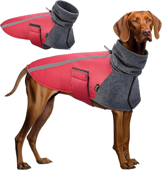 SlowTon Winter Dog Coat, Warm Polar Fleece Lining Doggie Outdoor Jacket with Turtleneck Scarf Reflective Stripe Adjustable Waterproof Windproof Puppy Vest Soft Pet Outfits (XXL,Red)