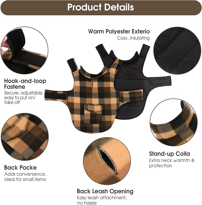 ASENKU Dog Winter Jacket Plaid Reversible Vest, Waterproof Dog Coat for Cold Weather, Perfect for Small to Large Dogs (Coffee, S)