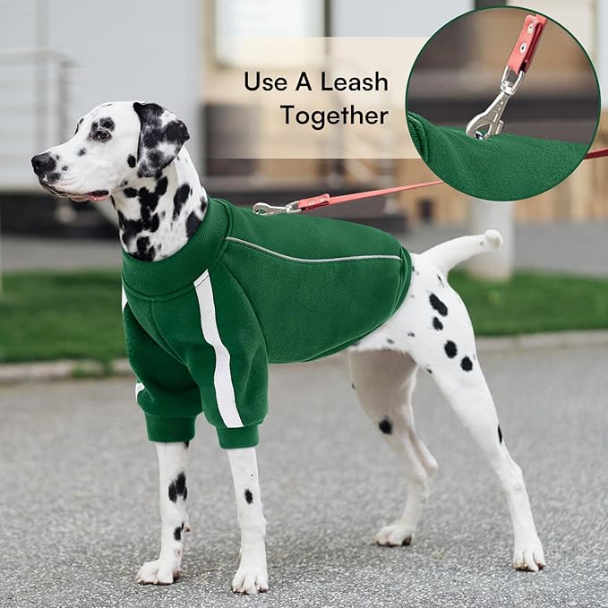 Queenmore XS Christmas Dog Sweater, Cozy Fleece Dog Sweatshirt, Warm Winter Fleece Jacket for Small, Medium & Large Dogs with Leash Hole/Reflective Stripes Green