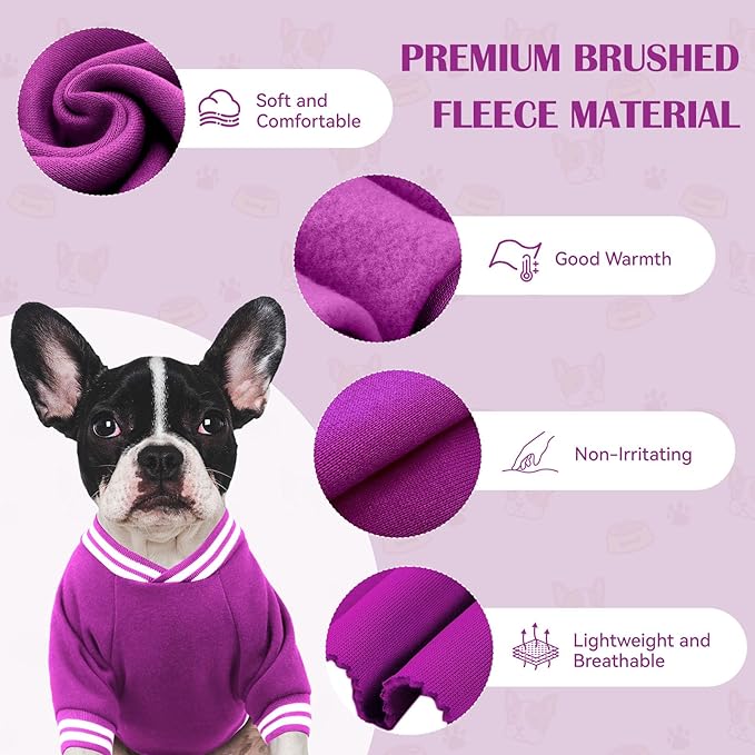 Dog Sweater Brushed Fleece Pet Clothes Baseball Jacket Soft Warm Pet Sweater Dog Sweaters for Small/Medium Dogs Boy Girl(Purple-S/M)
