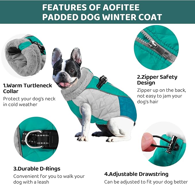 AOFITEE Dog Winter Coat, Dog Coat for Large Dogs, Reflective Large Dogs Jacket with Harness Built in and Fleece Lined, Waterproof Pet Winter Jacket Warm Snowsuit for Cold Weather, Green XXL