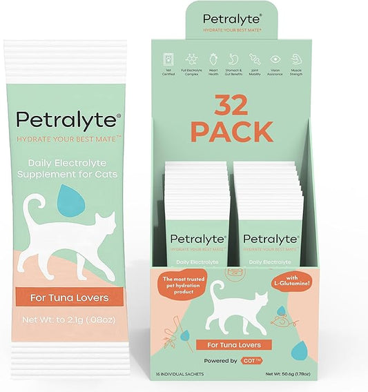 Petralyte Cat Hydration Electrolyte and Cat Joint Supplement | Hydration Support for Cats w/Glucosamine, Chondroitin, L-Glutamine, Taurine, Lysine & Prebiotics | for Tuna Lovers | 32 Packets