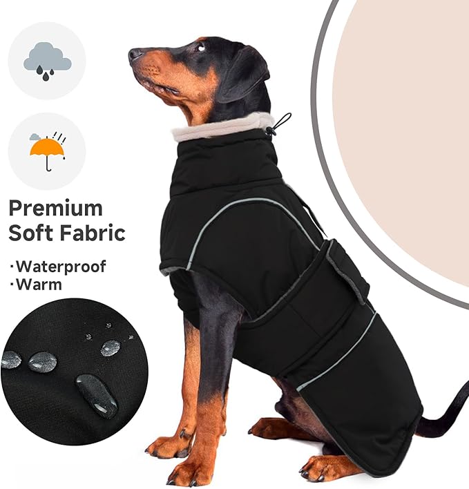 Dog Winter Coat for Small to Large Dogs(XS-XXXL)– Waterproof Windproof Fleece Lined Jacket with Reflective Trim,Pet Vest with Adjustable Buckles, Machine Washable Black XL
