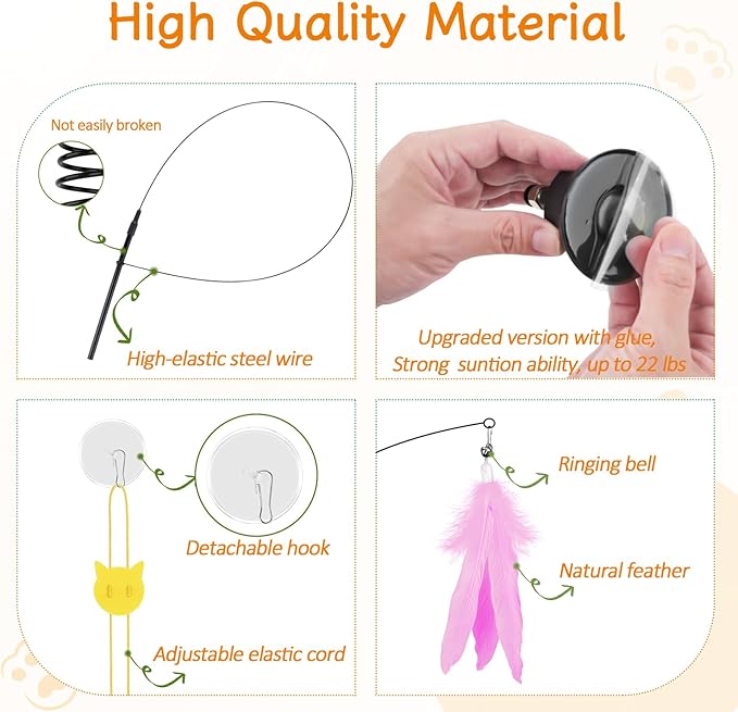 Cat Wand Toy, Interactive Kitten Feather Toys Self Play, Cat Teaser for Indoor Cats Reusable Suction Cup Toys for Indoor Cats Kittens Play Exercise