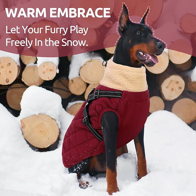 Queenmore Dog Jacket, Dog Coats for Large Dogs, Large Pet Coat with Harness Built in, Thick Fleece Snow Jacket for Extra Large Breeds, Waterproof Windproof Pet Apparel Cold Weather, Burgundy 3XL