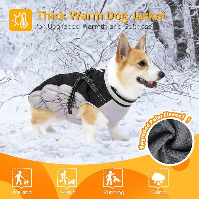 Dog Winter Coat with Harness, Dog Jacket, Pet Clothes with Zipper on Back, Waterproof Windproof Warm Vest, Reflective Cold Weather Coats, for Small Medium Large Dogs, Thick, Black, 2XL