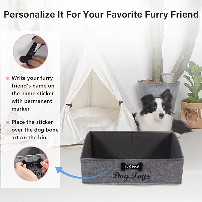 Large Dog Toy Basket Collapsible Dog Toy Box Fabric Trapezoid Dog Toy Bin Storage for organizing pet Toys/Blankets/leashes/Rope Toys/Clothing-Can be Personalized-Gray