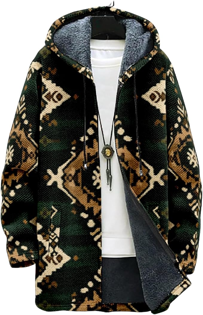 Mens Aztec Print Hoodie Heavyweight Cotton Fleece Jacket Zip Up Warm Long Sleeve Hooded Winter Midi Coat