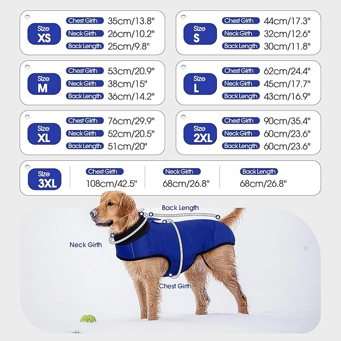 IDOMIK Dog Winter Coat, Warm Waterproof Dog Puffer Jacket with Harness Hole, Adjustable Reflective Snow Jacket Vest with Turtleneck, Pet Cold Weather Coats for Large Dogs,Blue,3XL