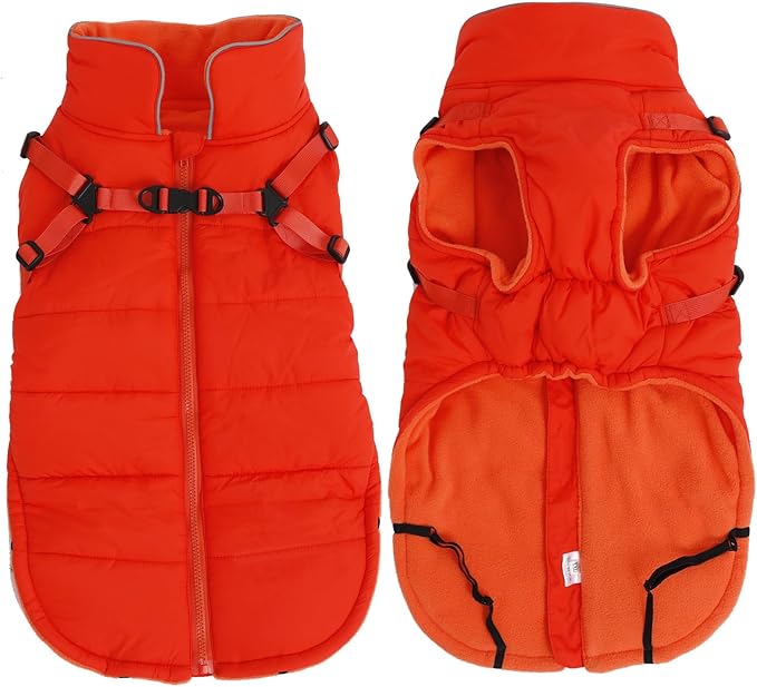 Geyecete Winter Warm Coat Waterproof Dog Winter Jacket with Harness Traction Belt,Windproof Pet Outdoor Jacket Dog Autumn-Orange-XL