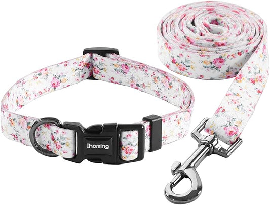 Ihoming Dog Collar and Leash Set for Daily Outdoor Walking Running Training, Floral Sky Design for Large Boys Girls Dogs Cats Pets, L-Up to 80LBS