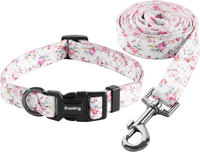 Ihoming Dog Collar and Leash Set for Daily Outdoor Walking Running Training, Floral Sky Design for Small Boys Girls Dogs Cats Pets, S-Up to 20LBS