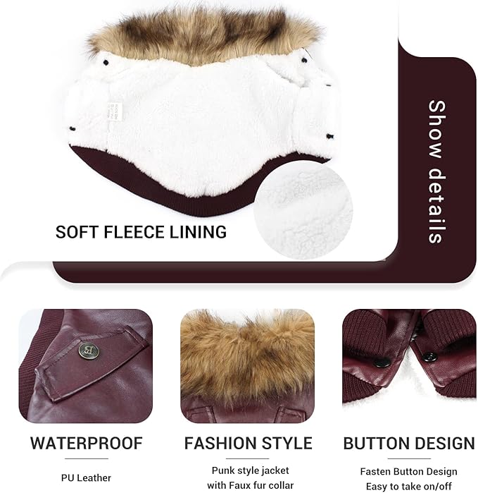 LESYPET Dog Leather Jacket for Small Dogs, Waterproof Dog Winter Jacket Puppy Coat with Fleece Lined, Ultra Warm Fur Collar Doggie Coat, Red S