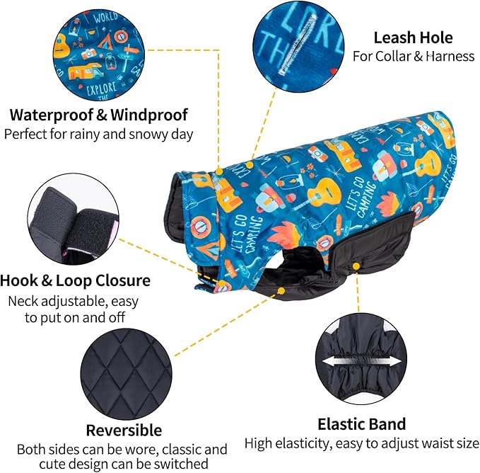 CuteBone Winter Coat Waterproof Windproof Jacket Reversible Vest Thick Adjustable Cold Weather Coats for Small Medium Large Dogs Soft With Leash Hole