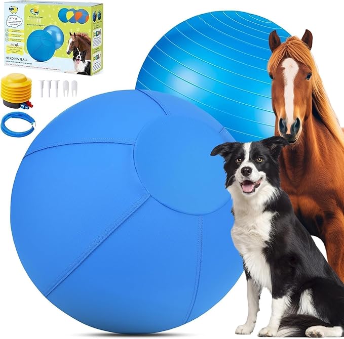 Herding Ball for Dogs - 18" Medium Herding Ball with Anti-Burst Cover and Pump, Outdoor Dog Exercise Toy for Australian Shepherd, German Shepherd, Collie (Blue)