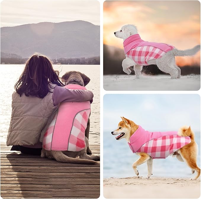 Kuoser Dog Winter Coat, Reversible Waterproof Dog Jacket with Reflective Strip, Warm Dogs Fleece Vest Adjustable Doggy Cold Weather Clothes Plaid Christmas Outfit Pet Apparel for Medium Dogs, Pink M