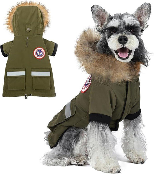 PINA Dog Coats for Small Dogs, Waterproof & Windproof Reflective Dog Jacket with Pocket, Warm Dog Cold Weather Coat with Flannel Lining & Faux Fur Hood