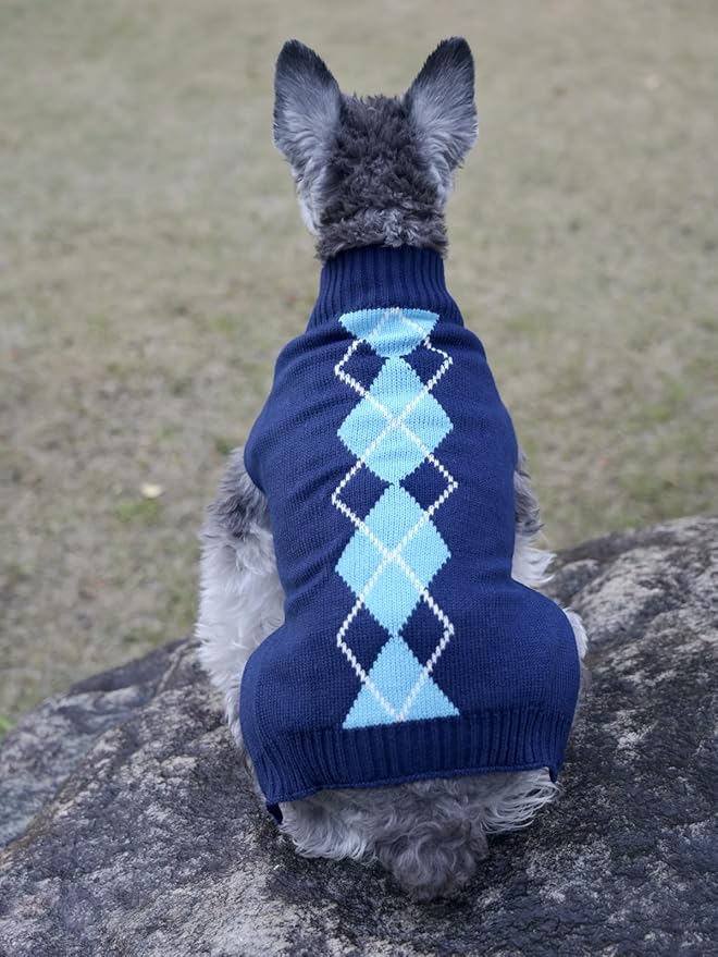 Alemon Blue Argyle Knit Dog Sweater Medium M Size Back Length 13 Inch