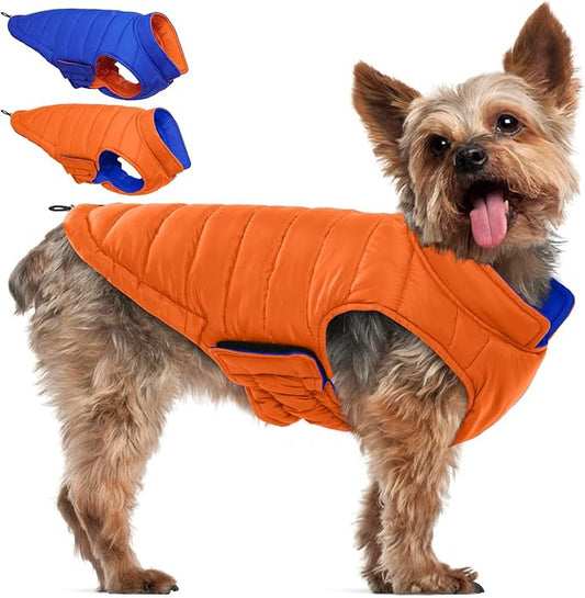 QBLEEV Reversible Dog Coat for Small Dogs, Waterproof Windproof Winter Jacket Keeps Small Breeds Warm & Dry, Lightweight Adjustable Puffer Vest with Leash Hole, Orange, XS – Fits Chihuahua, Yorkie