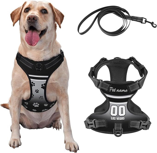 Custom Las Vegas Dog Harness with Reflective Stripes Personalized Name and Number Dog Vest Harness with Pet Traction Rope for Small Medium Large Dog