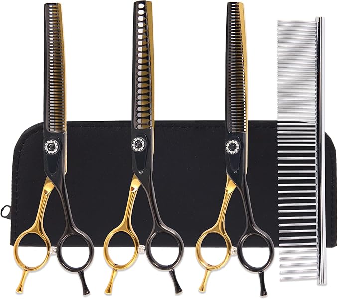 7 Inch Professional Dog Grooming Scissors Kit, 6 in 1 Grooming Scissors for Dogs, Pet Grooming Shears Set, Straight Scissor & Thinning Shear & Curved Scissor & Chunker Shear (Black Gold)