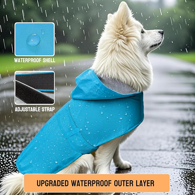 Dog Raincoat Dog Rain Jacket Poncho Waterproof Pet Rain Suit Double Layer Breathable Lining Hooded Leash Hole Adjustable Puppy Small Medium Dogs,Blue,L
