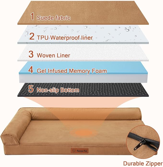 Orthopedic Dog Bed Medium Size Dog, Memory Foam Pet Bed for Small and Medium Dogs, Removable and Washable Microsuede Cover, TPU Waterproof Liner, Nonskid Bottom, 35x23x6 Inches, Khaki
