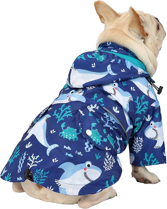 HDE Dog Raincoat Poncho Double Layer Zip Rain Jacket with Removable Hood, Leash Hole for Small to 3XL Dogs and Puppies Sharks - S