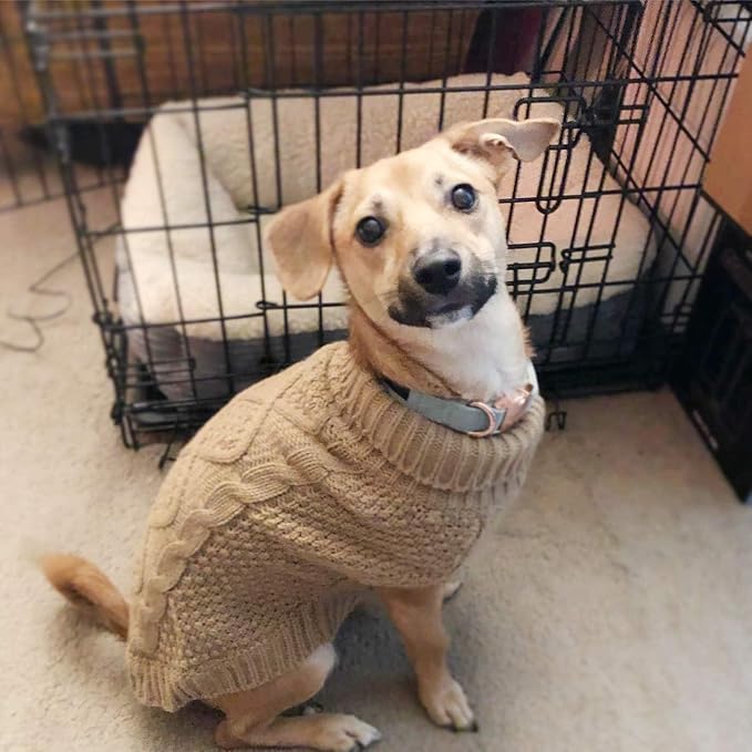Mihachi Turtleneck Dog Sweater - Winter Coat Apparel Classic Cable Knit Clothes with Leash Hole for Cold Weather, Ideal Gift for Pet in New Year Khaki X-Large