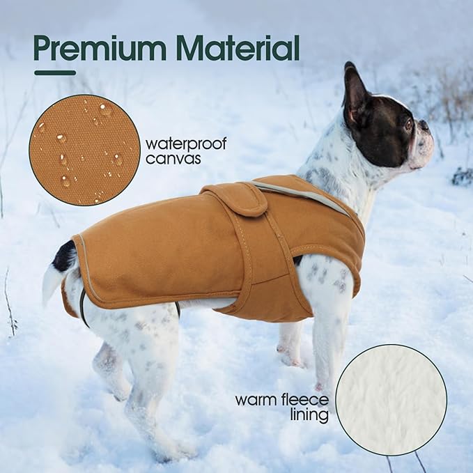 Kuoser Canvas Dog Coat, Warm Dog Jacket Reflective Fleece Pet Cold Weather Coat, Warm Doggie Clothes Waterproof Winter Vest with Zipper Leash Hole for Small Medium Large Dogs, Brown L