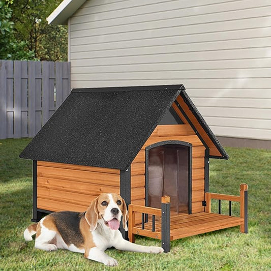 Dog House with Heating Pad, Weatherproof Outdoor Kennel for Large Dogs, Chew-Resistant Iron Frame & Asphalt Roof (Wood, L)