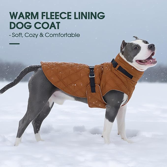 Kuoser Dog Coat Warm Fleece Lining Turtleneck Dog Jacket with Harness Built-in, Adjustable Windproof Cold Weather Coats with Quick Release Buckle Pet Winter Snowsuit for Extra Small Dogs, Khaki XS